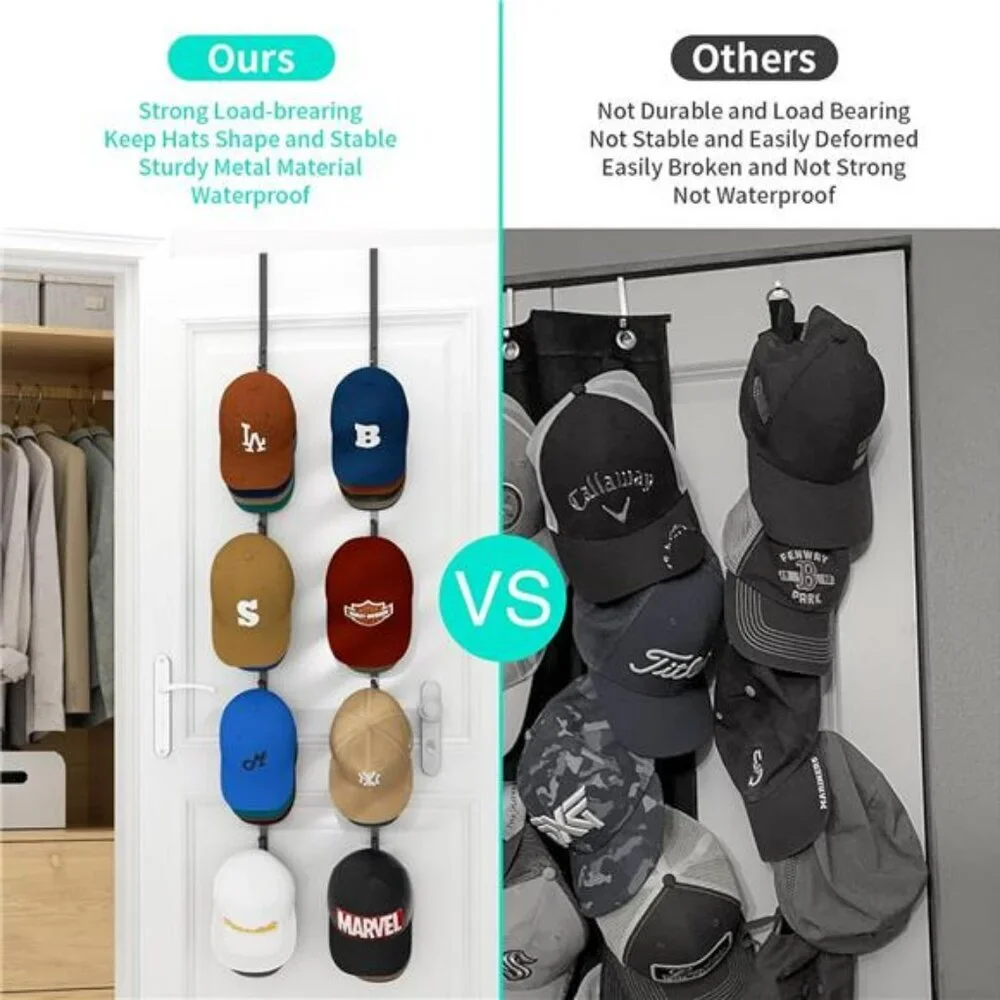 Over Door Hat Rack Hanging Cap Organizer Holds 40 Baseball Caps with Hooks